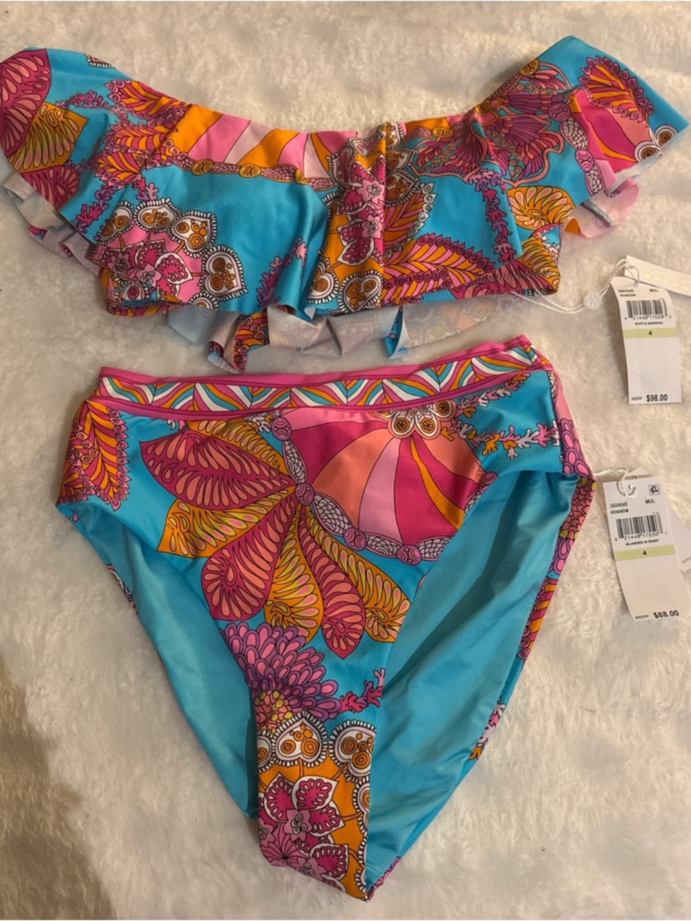 Trina Turk Floral Blue Ruffle bandea top high waisted bottoms NWT set size 4!!!